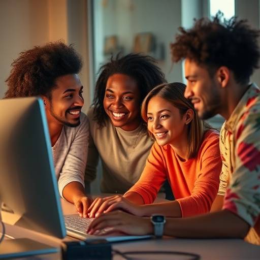Groupe diversifié de personnes travaillant ensemble sur un ordinateur, symbolisant l'apprentissage collaboratif et l'inclusion