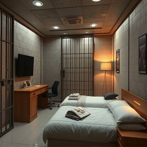 Interior de una celda de lujo simulada con una cama cómoda, escritorio y televisión.