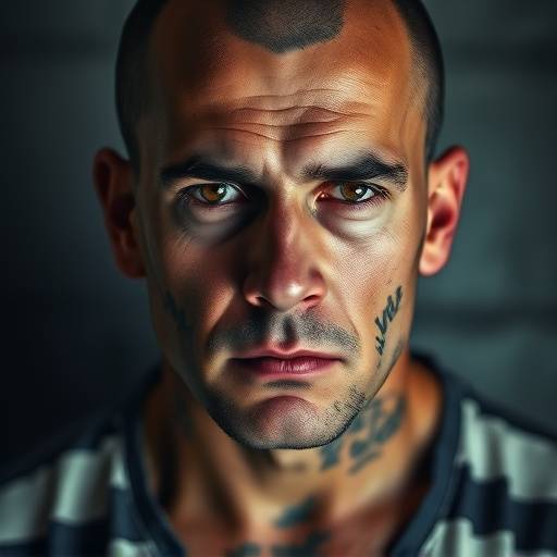 Retrato de un interno con una expresión seria y tatuajes visibles, representando un perfil típico de un interno de alta seguridad.