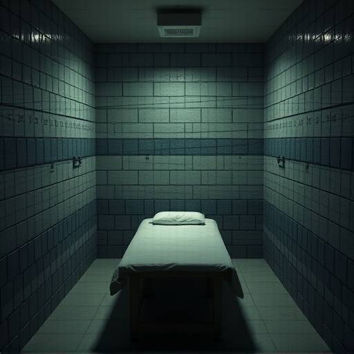 Una celda de prisión sencilla con una cama y una mesa pequeña.